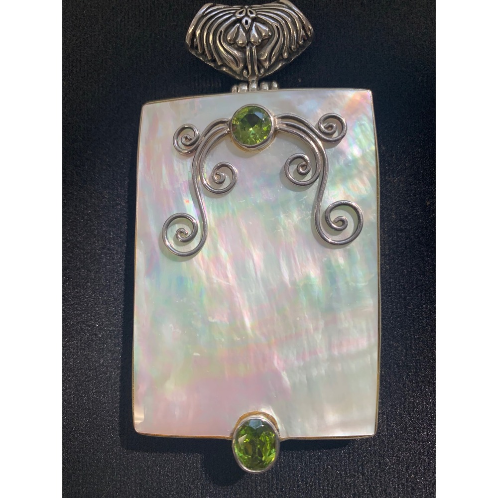 Sterling Silver Mother of Pearl Peridot Large Rectangular Scroll Pendant 925